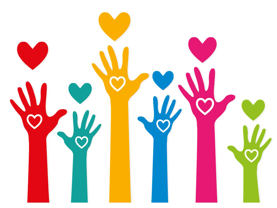 Colorful hands with hearts in the airDescription automatically generated